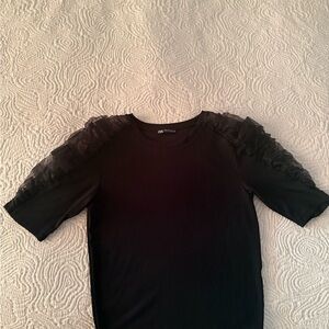 Zara Black Short Sleeve Top with Ruffle Detail